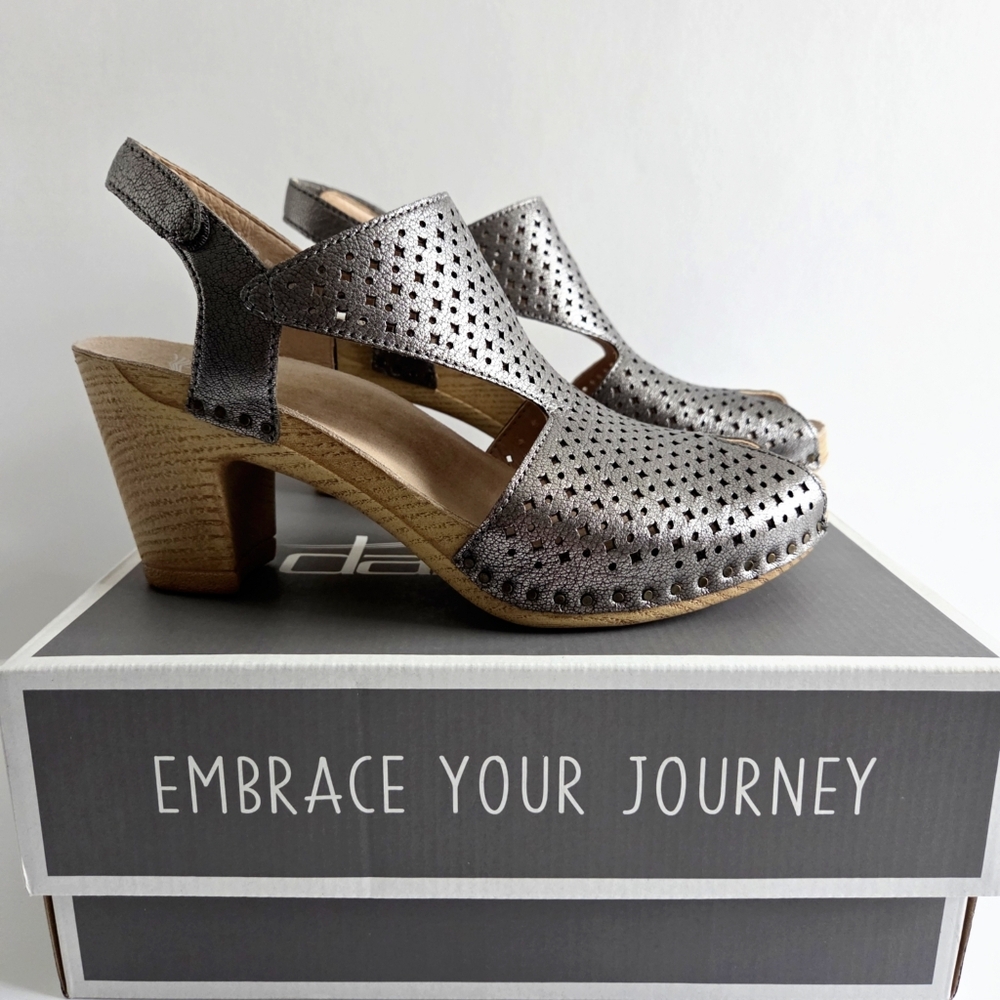 Dansko Teagan Heeled Sandals W/Peep Toe, Metallic Gunmetal Size 38 / US 7.5-8 - Picture 9 of 16